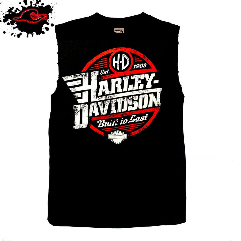 Harley Davidson - Built To Last - Motorcycle - Frayed-Cut Modified Singlet - Blackwave Clothing