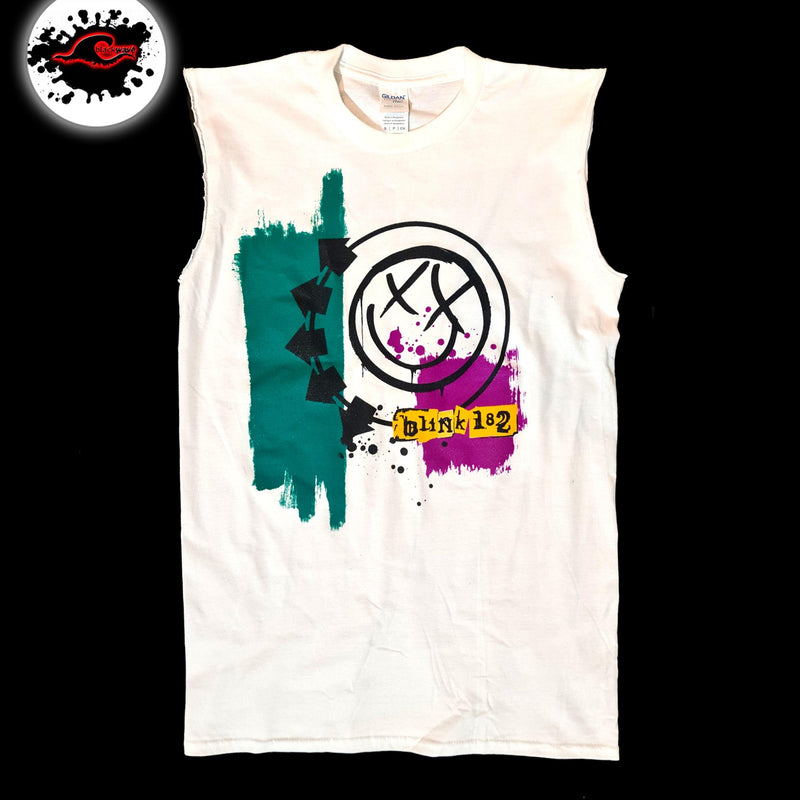 Blink 182 - Classic Smiley Face - White Frayed-Cut Modified Singlet - Blackwave Clothing