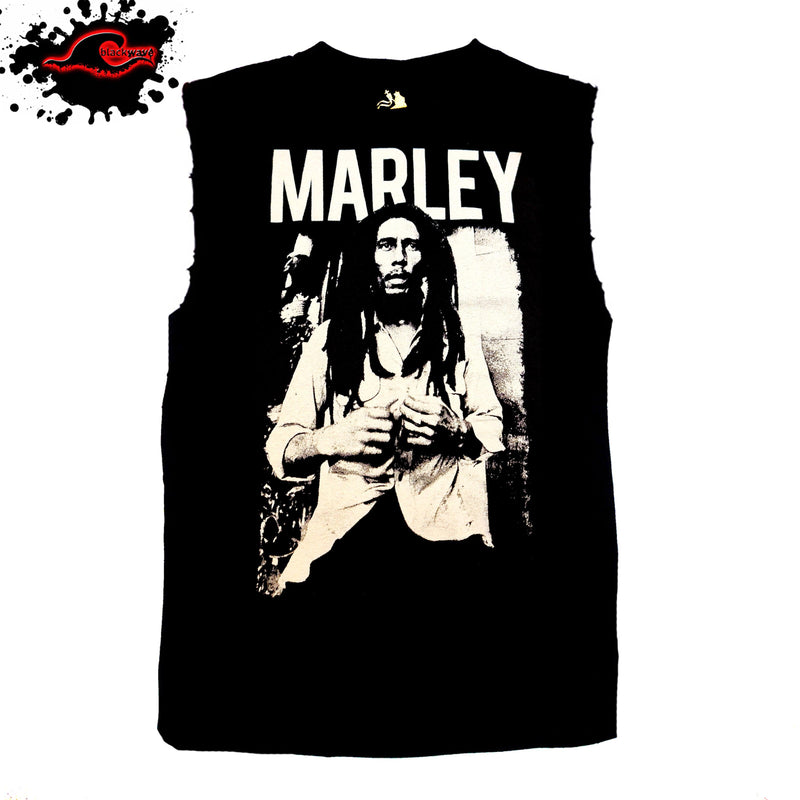Bob Marley - Black & White - Official Licensed - Frayed-Cut Modified Singlet - Blackwave Clothing
