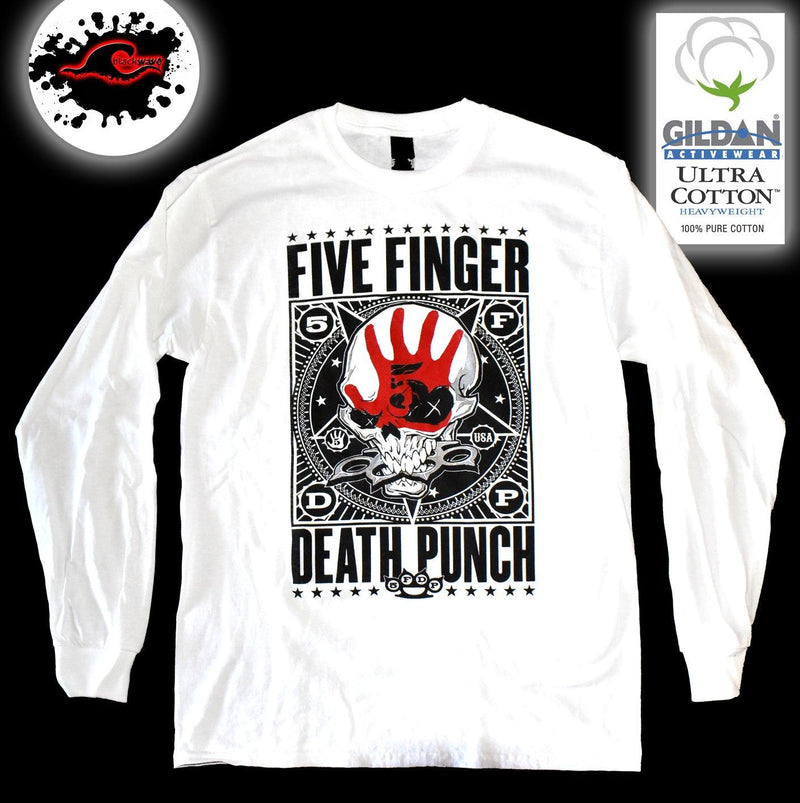 Five Finger Death Punch - White - Long Sleeve Band Shirt - Blackwave Clothing