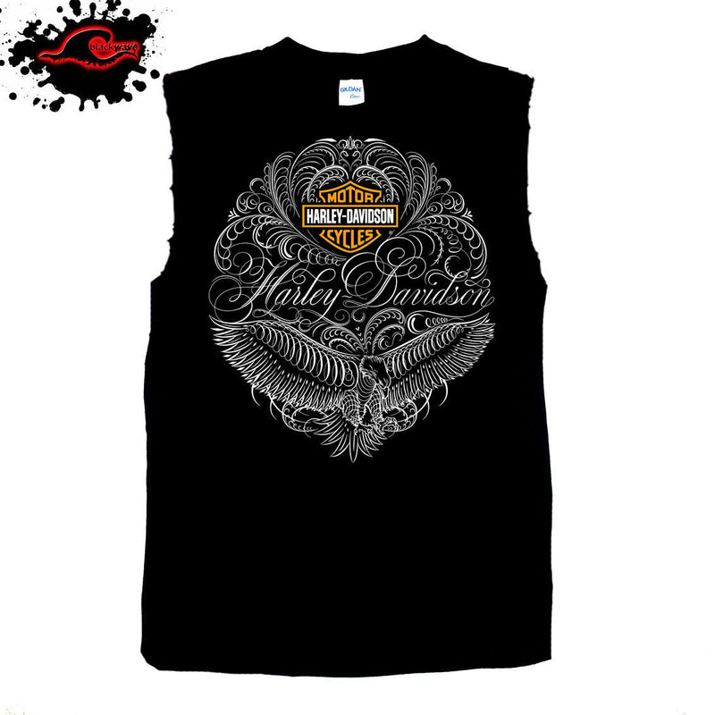 Harley Davidson - Poster Design - Frayed-Cut Modified Singlet - Blackwave Clothing