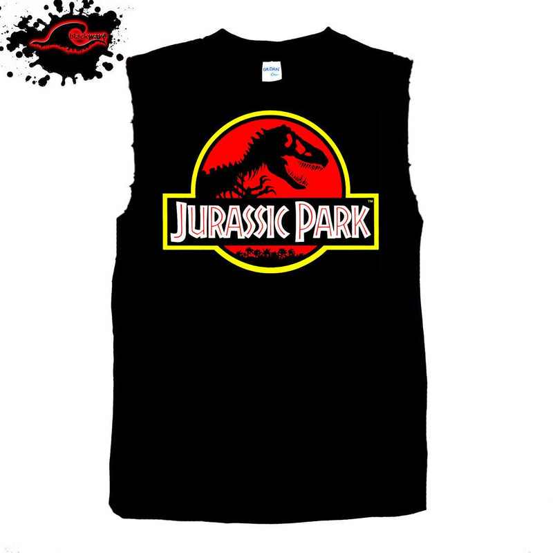 Jurassic Park - Classic Logo - Frayed-Cut Modified Singlet - Blackwave Clothing