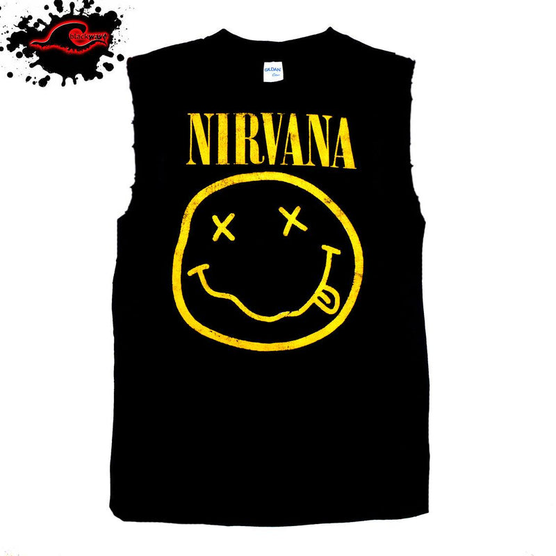 Nirvana - Smiley Face - Vintage Frayed-Cut Modified Singlet - Blackwave Clothing