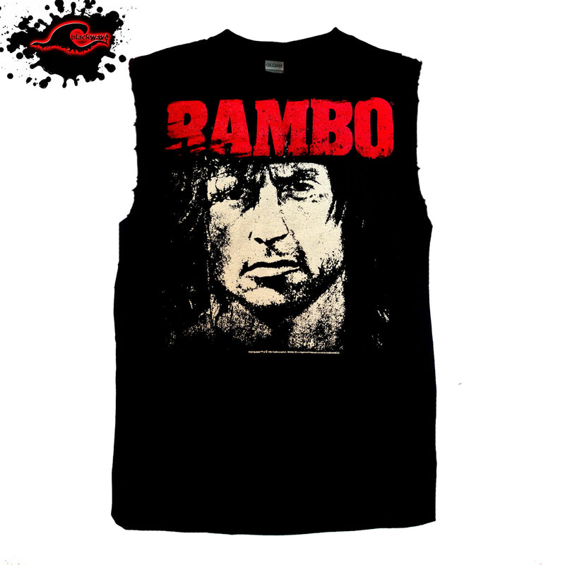 Rambo - Red & White - Frayed-Cut Modified Singlet - Blackwave Clothing